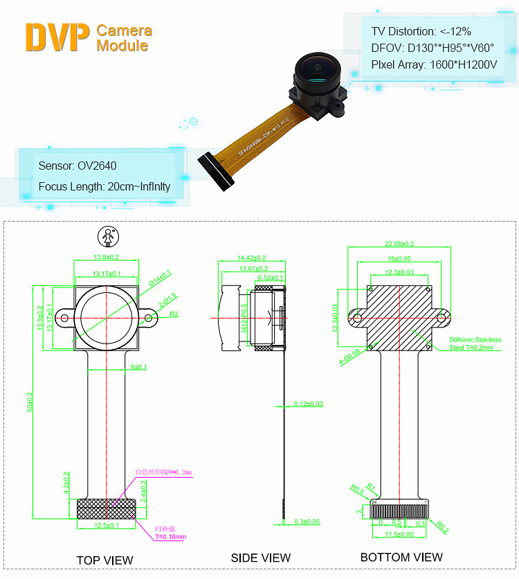 Fixed Focus Wide Angle 130 Degree OV2640 DVP Camera Module ESP32