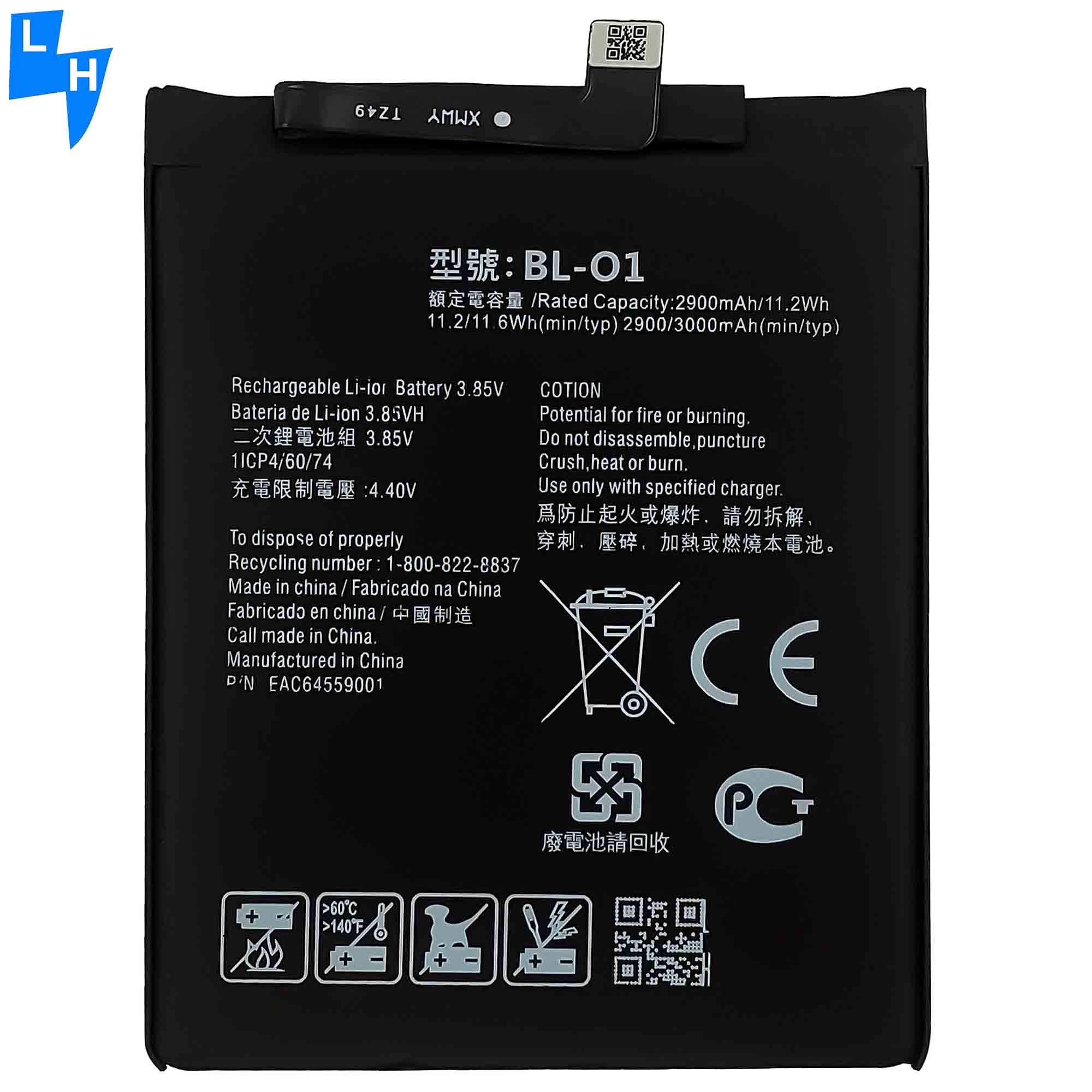 black Original Rechargeable Battery BL-O1 for LG K20 2019 K8 LM-X120EMW 3000mAh 3.84V