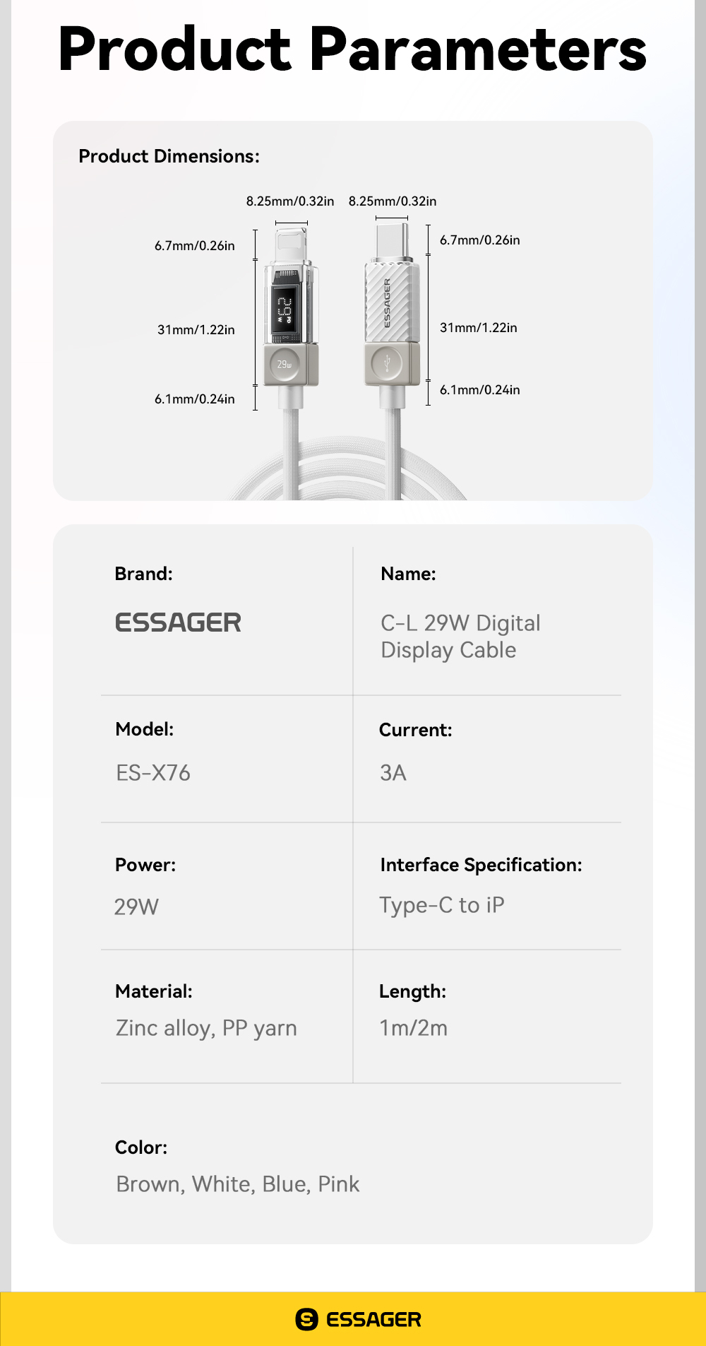 ESSAGER ES-X76 Usb C To Lightning Pd 29W Charging Data Cable 3Ft 6Ft Digital Display