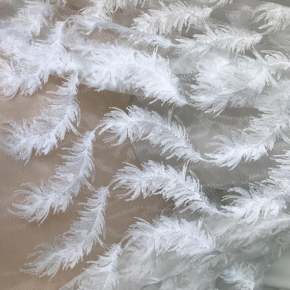White Stretch Embroidered Mesh Lace Fabric By The Yard For Wedding Dress / Evening Dress