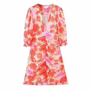 China OEM maufactory Oil Painting Rose Printed Pleated V Neck Polyester Short Sleeve Dress wholesale