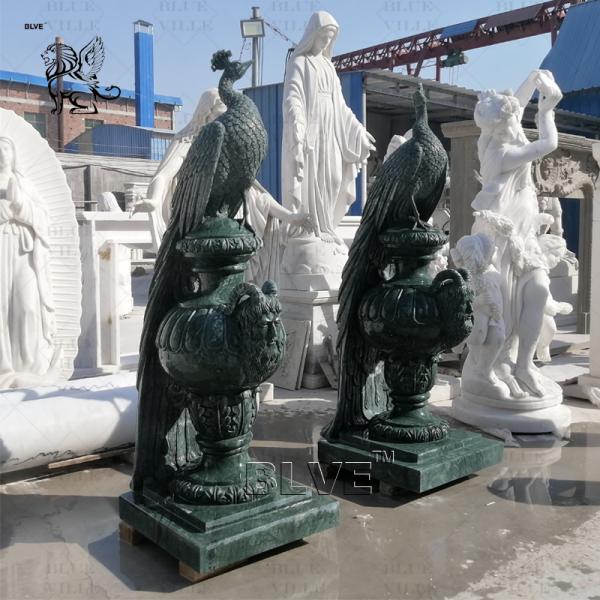 Green Marble Peacock Statue Sculpture Life Size Natural Stone Carvings Animal Sculptures Garden Home Decoration