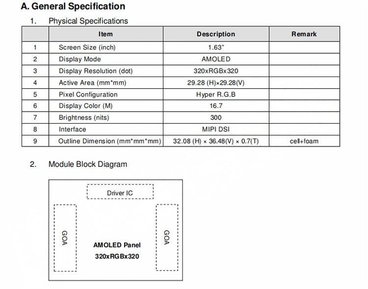 Technical parameters diagram for HX163LX010R AMOLED display