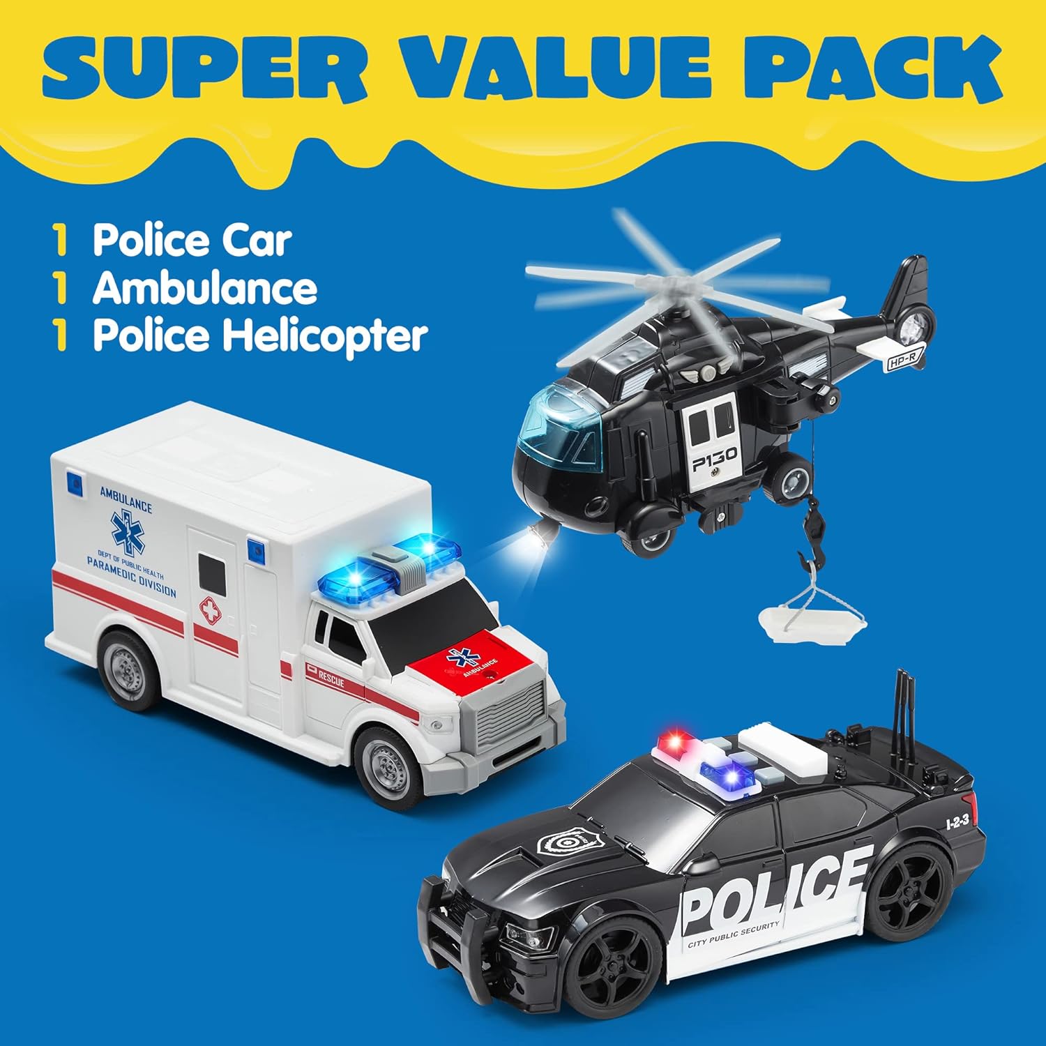 Police Car Emergency Vehicle Friction Powered Car Birthday Gifts for Boys Girls Age 3-9