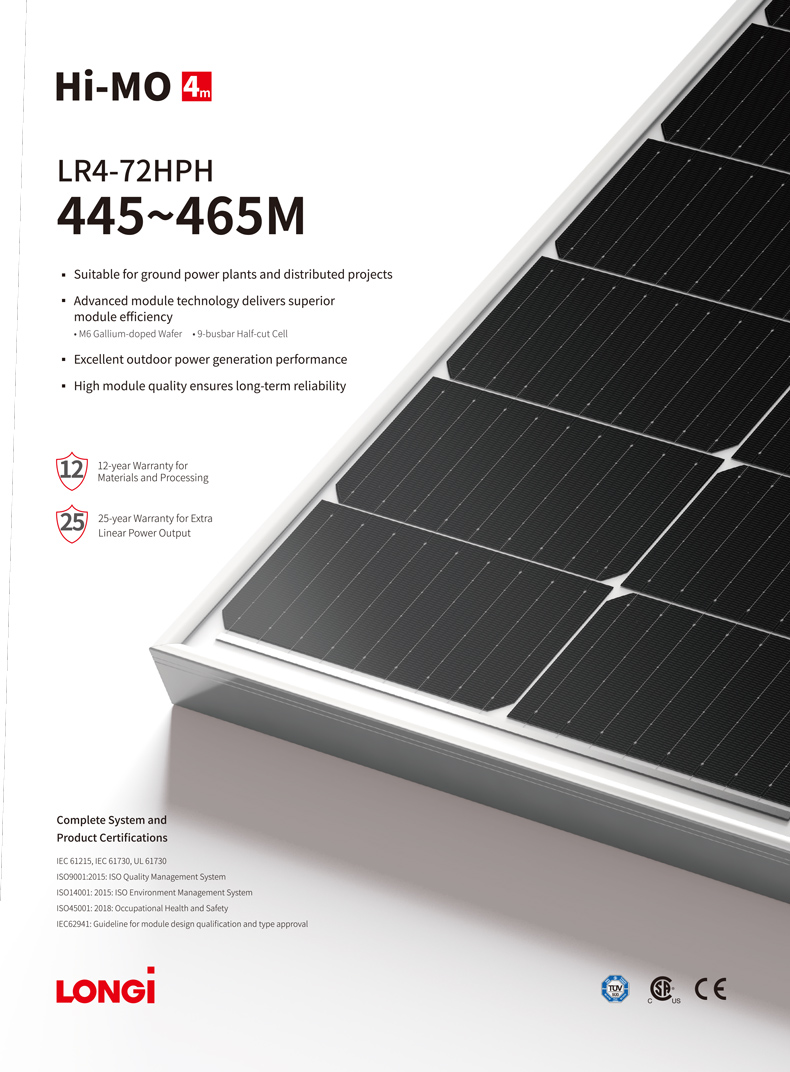 Half Cell LONGI 450w Poly Crystalline Solar Panel 166x166mm 25 Years Warranty LR4-72HPH-450M
