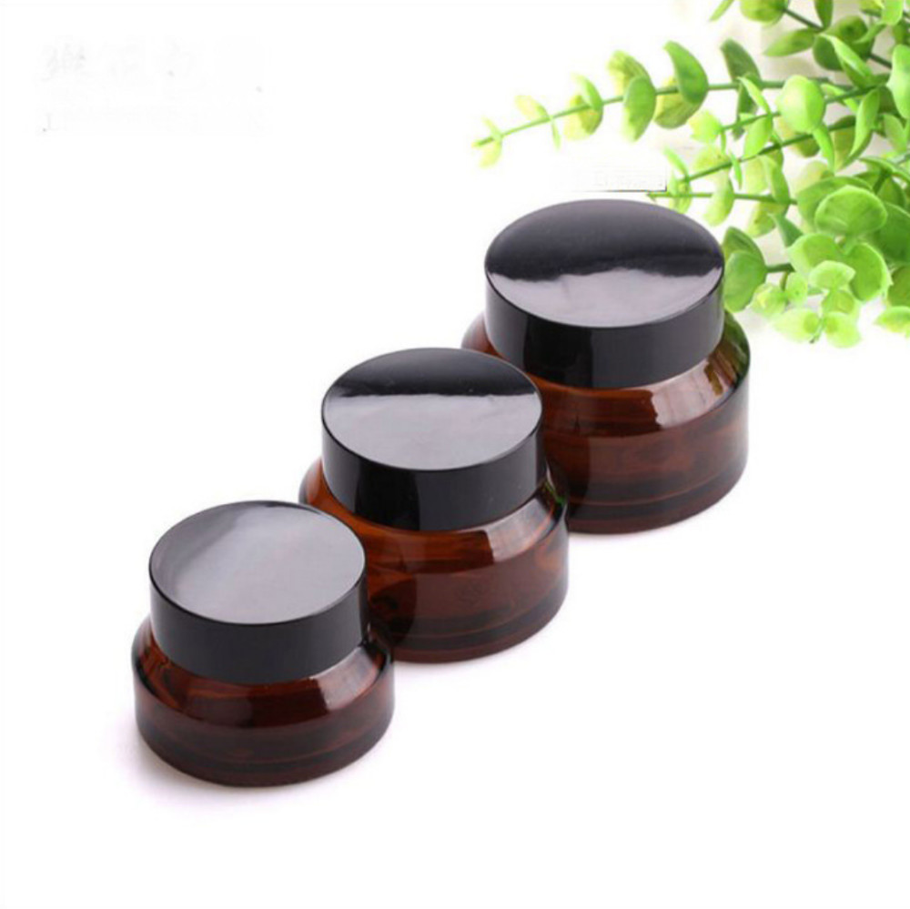Amber Glass Empty Cosmetic Cream Jar Elegant Black Lid Aluminum Cap