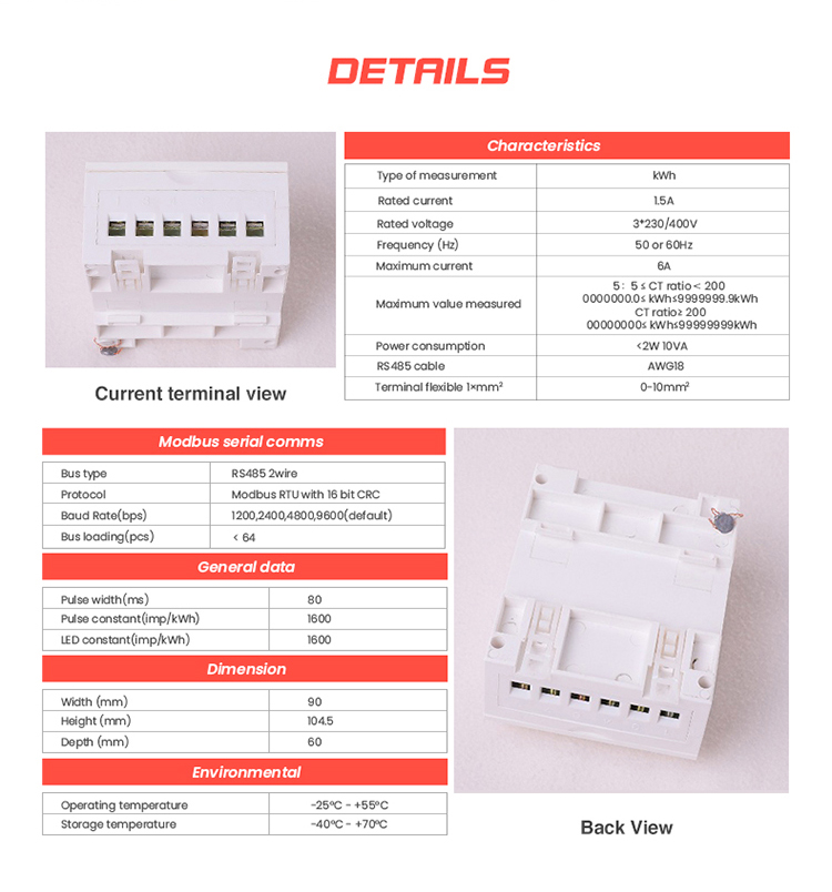 CT connected 3 phase kwh electrical modbus energy meter with customized rated current