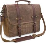 15.6 Inch Waterproof Vintage Genuine Leather Waxed Canvas Briefcase Large