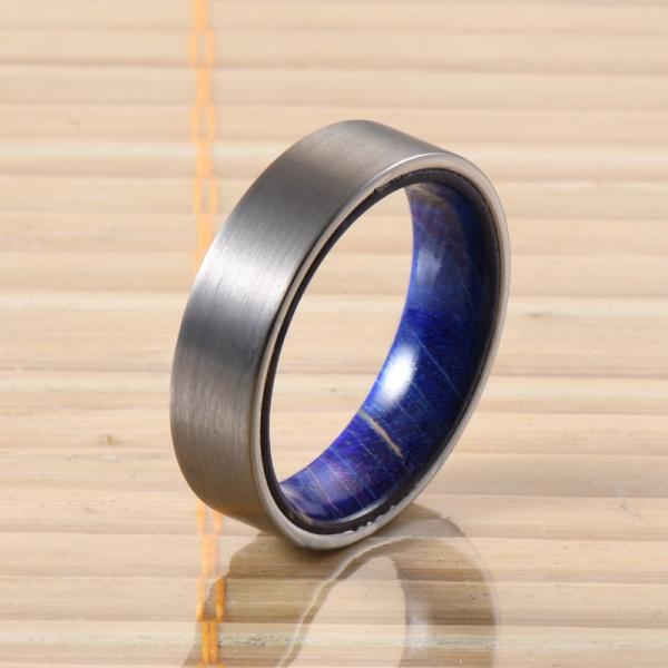 Sample Making 6mm Brushed Silver Tungsten Carbide Rings Inlay Blue Purple Box Elder Wood Flat Dome Beveled Edge Wedding Band