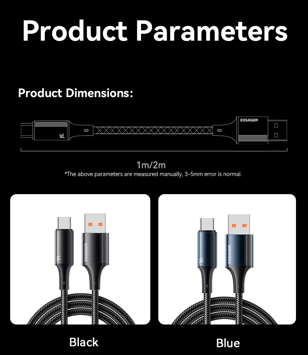 Aluminum Alloy Data Charging Cable USB C To USB A 100W 7A ESSAGER ES-X45 Series
