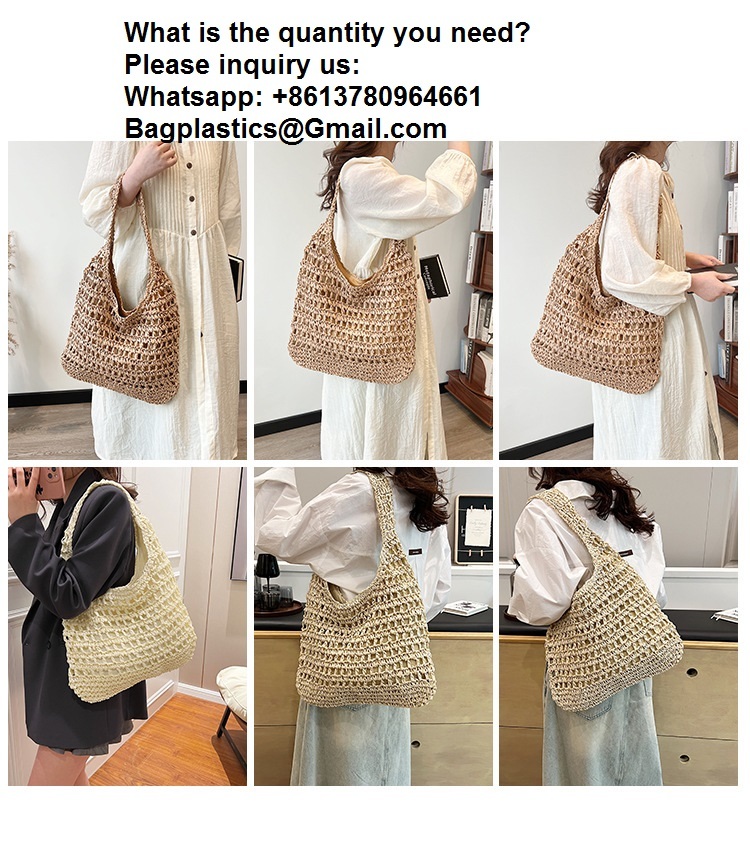 Bolsas Personalizadas Logo Bolsos De Paja Tejida Custom Raffia Clutch Woven Crochet Shoulder Women Handbags Beach Straw Bag Mesh Beach Bag Crochet