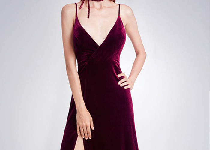 Maroon Velvet A Line Dress Sling V Neck High Slit Back Invisible Zipper