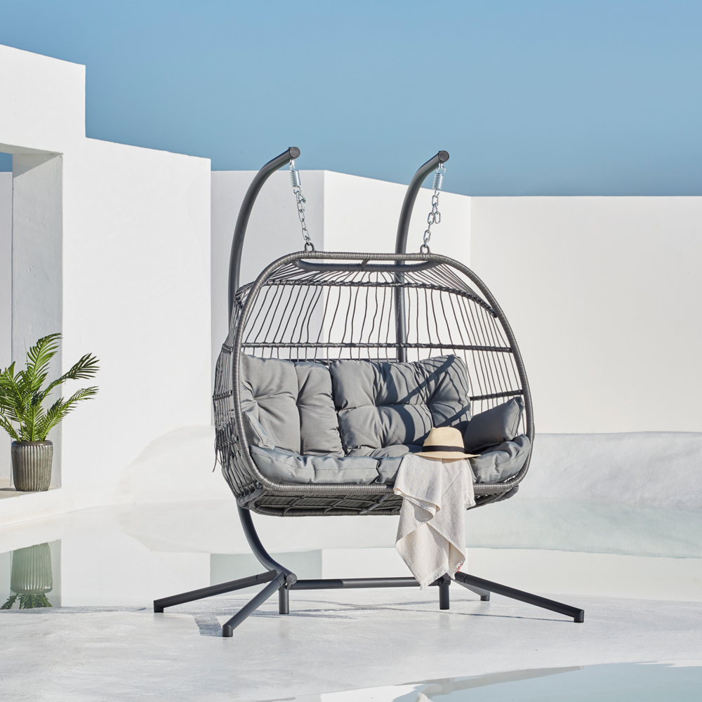 Outdoor Hanging Chair AJUNION Double Seat Wicker Rattan Egg Patio Swings with Stand