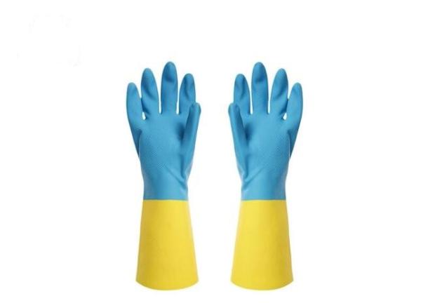 Bicolor Industrial Neoprene Chemical Gloves Heat Resistant Flock Lined Latex