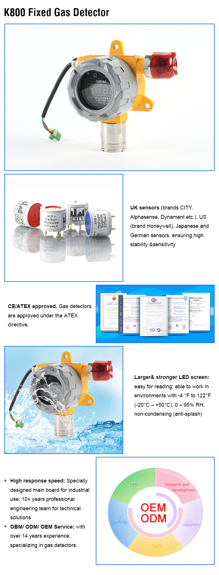 KELISAIKE K800 Wall Mounted Fixed H2s Gas Detector With High Precision