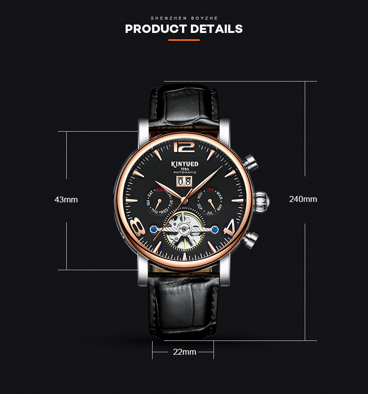 J030-4 KINYUED Mens Automatic Mechanical Watch Tourbillon Leather Waterproof Mechanical Watches