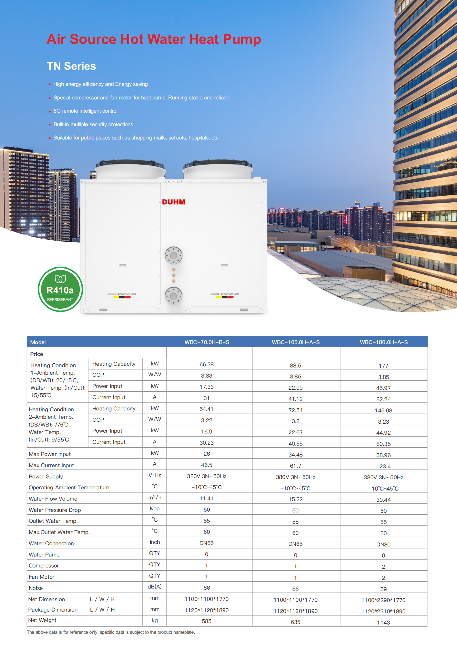 R410a 70KW On/Off 3 Phase Commercial Hot Water Heatpump For Shopping Malls Schools Hospitals