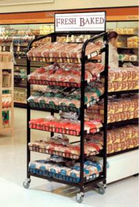 China Food &amp; bread 5 layer adjust black powder coat retail metal shelf metal display rack with wheels wholesale