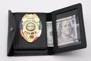 China Customized Leather Black Plain surface Chief police badge wallet wholesale