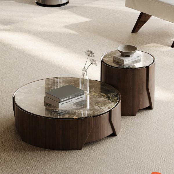 Marble Central Coffee Table Natural Stone Top Wood Legs For Living Room And