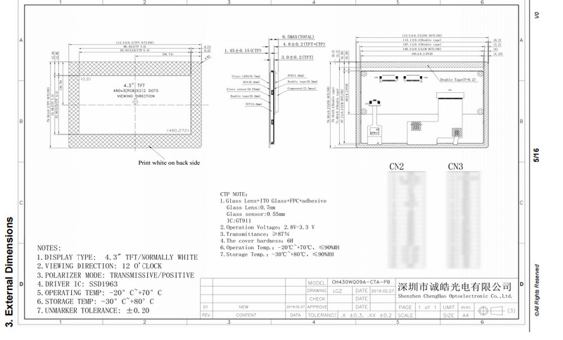 WQVGA 4.3 Inch TFT LCD Capacitive Touchscreen 480x272 8080 Interface