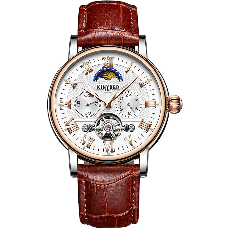 Tourbillon Automatic Movement With Moon Phase Mechanical Watch Fashion Leather Mechanical Mens Watch