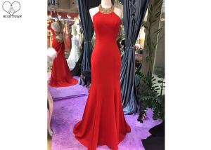 China Gold Mermaid Style Red Dress Hanging Neck Luxury Heavy Beading Hollow Back wholesale