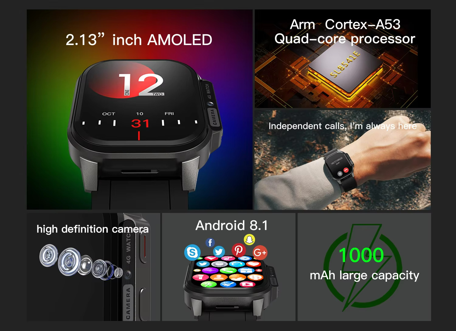 4g Sim Card Smartwatch 1000mah GPS WIFI HD Camera Smartwatch 2.13 inch