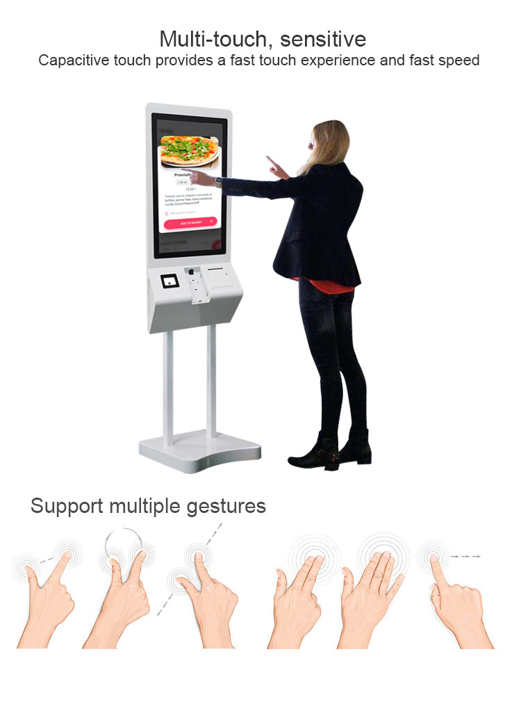 27 Inch B-shaped Self Service Checkout Kiosk Menuboard Pos Machine With Printer QR Code Scanner