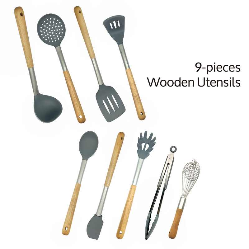 Nonstick Silicone Kitchen Utensils Set Hard Wood Handle Turner Tongs Spatula