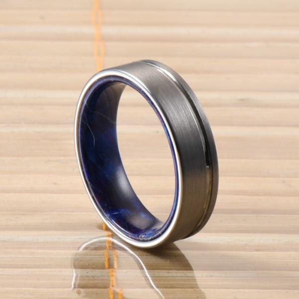 Sample Making 6mm Brushed Silver Tungsten Carbide Rings Inlay Blue Purple Box Elder Wood Flat Dome Beveled Edge Wedding Band