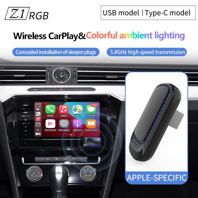 Magic Wireless Carplay Ai Box Mini RGB Light USB Type-C Port Z1RGB