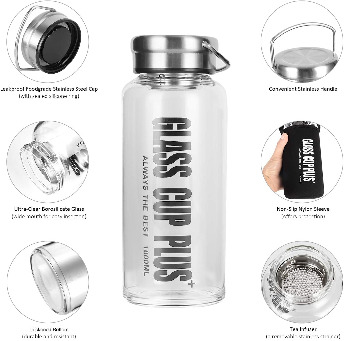 High Boroslicate Glass Water Bottle With Stainless Steel Lid Leakproof