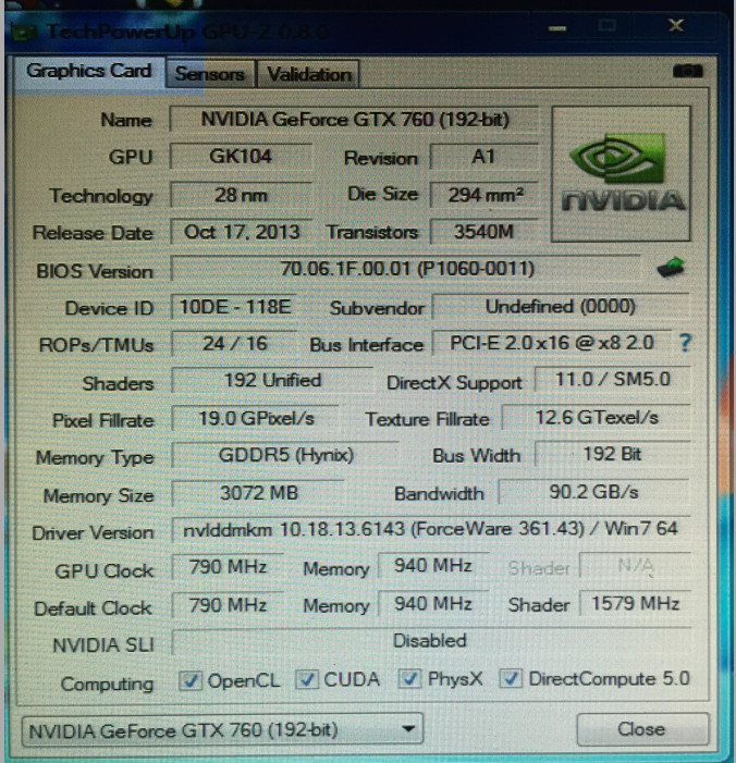 Pc GTX760 Gaming Graphic Cards 3GB DDR5 192 Bit 1046MHz HDM1 DVI VGA Interface