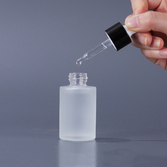 Glass Cosmetic Containers Flat Shoulder Frosted Cosmetic Serum Dropper Bottle