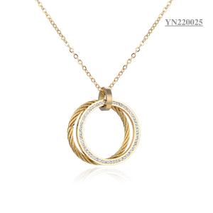China Sumptuous Stainless Steel Fashion Necklaces Double Ring Rhinestone Pendant Necklace wholesale