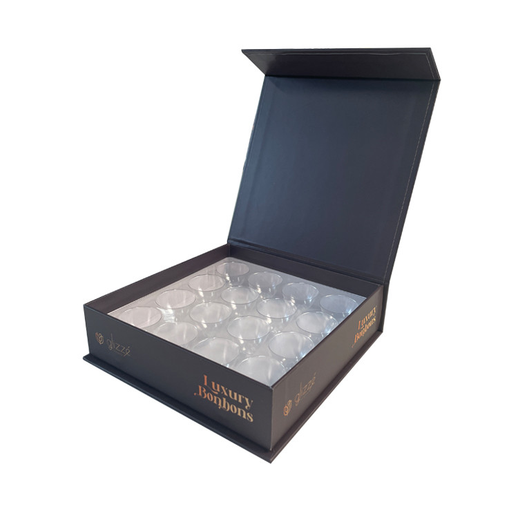 Rigid Cardboard Chocolate Bonbon Packaging Magnetic Closure With Plastic Insert