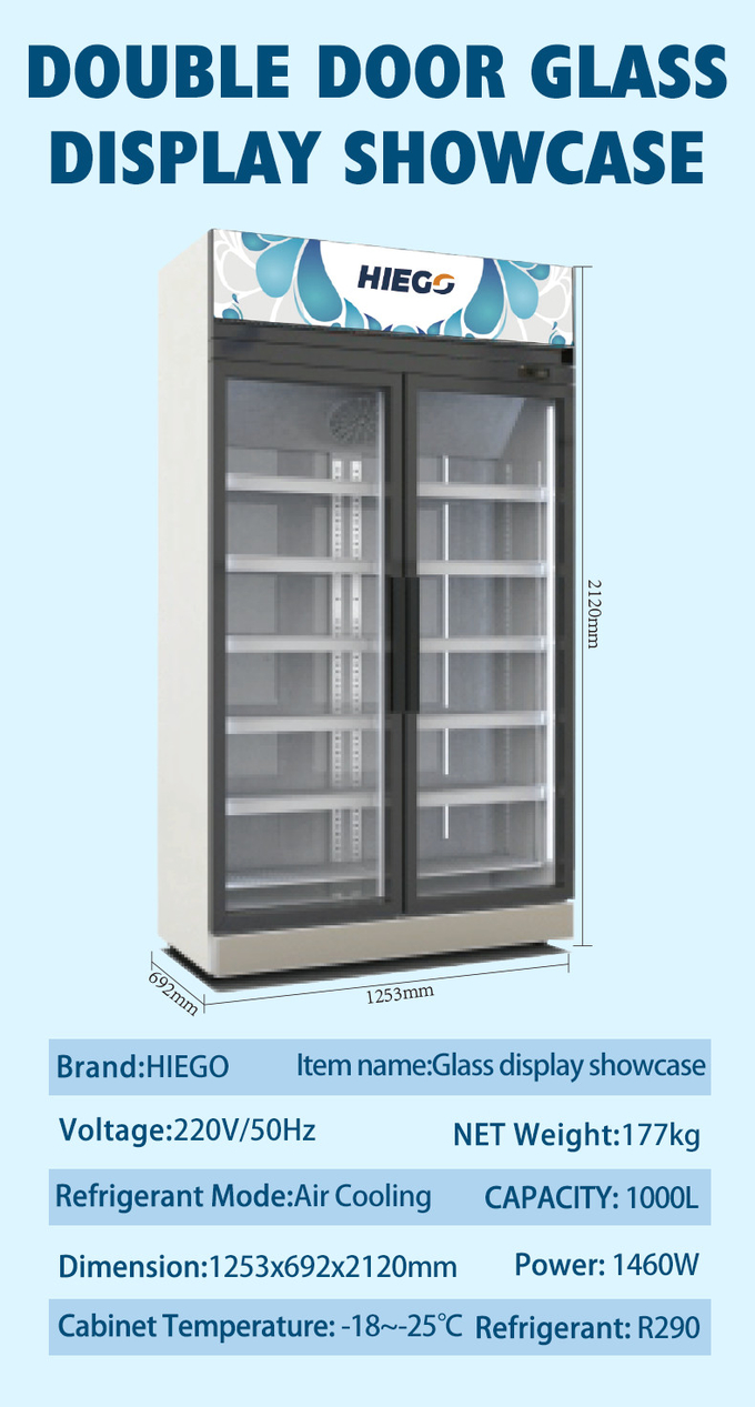 Air Cooling Double Glass Door Display Chiller 980L R290 Single Temperature