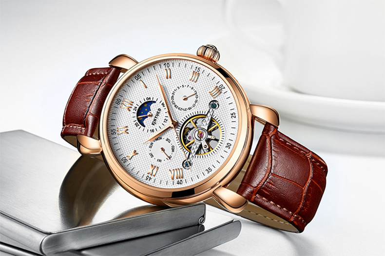 Genuine Leather Mens Winner Automatic Mechanical Watch Moon Phase Automatic Movement Mechanical Watch