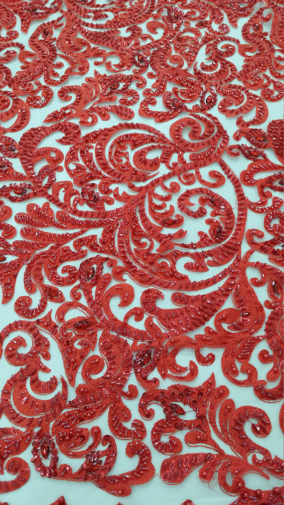 125cm Red Embroidered Beaded Lace Fabric , Beaded Bridal Lace By The Yard