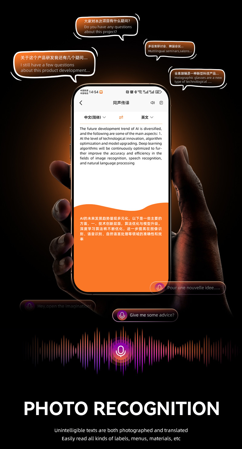 Smart AI Phone Assistant Language Voice Translator Bluetooth-Compatible 5.4 Real-time Face To Face AI Translator