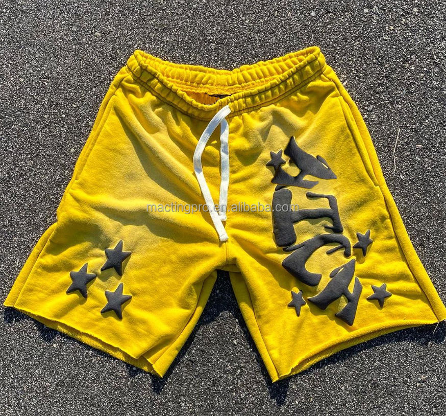 Men's Sun Faded Acid Wash Streetwear Shorts with Raw Hem and Rhinestone Puff Print