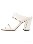 White Lambskin Ladies Block Heel Sandals Metallic Dome Rubber Outsole