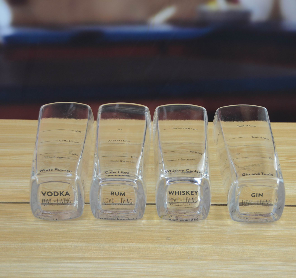 Set Of Four Square 240ml Fancy Whiskey Glass With Decal