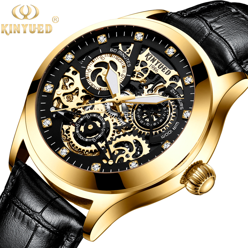 KINYUED oem waterproof custom logo leather fashion tourbillon skeleton wrist watch luxury automatic watches mens watch