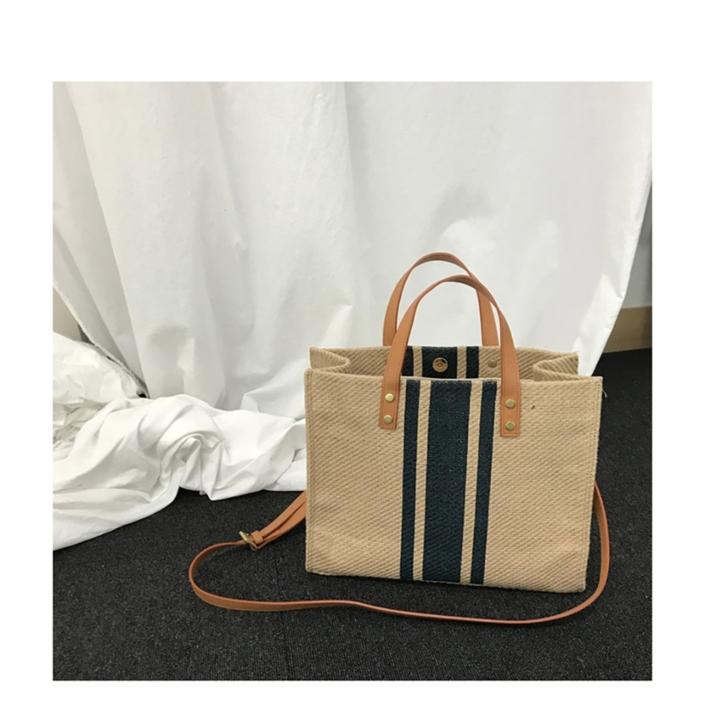 Blank Leather Handle Custom Linen Cotton Canvas Tote Bag With Pocket