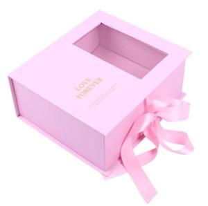 China Luxury Rose Flower Gift Hinged Cardboard Box Clamshell Rigid Paper Box PVC Window wholesale
