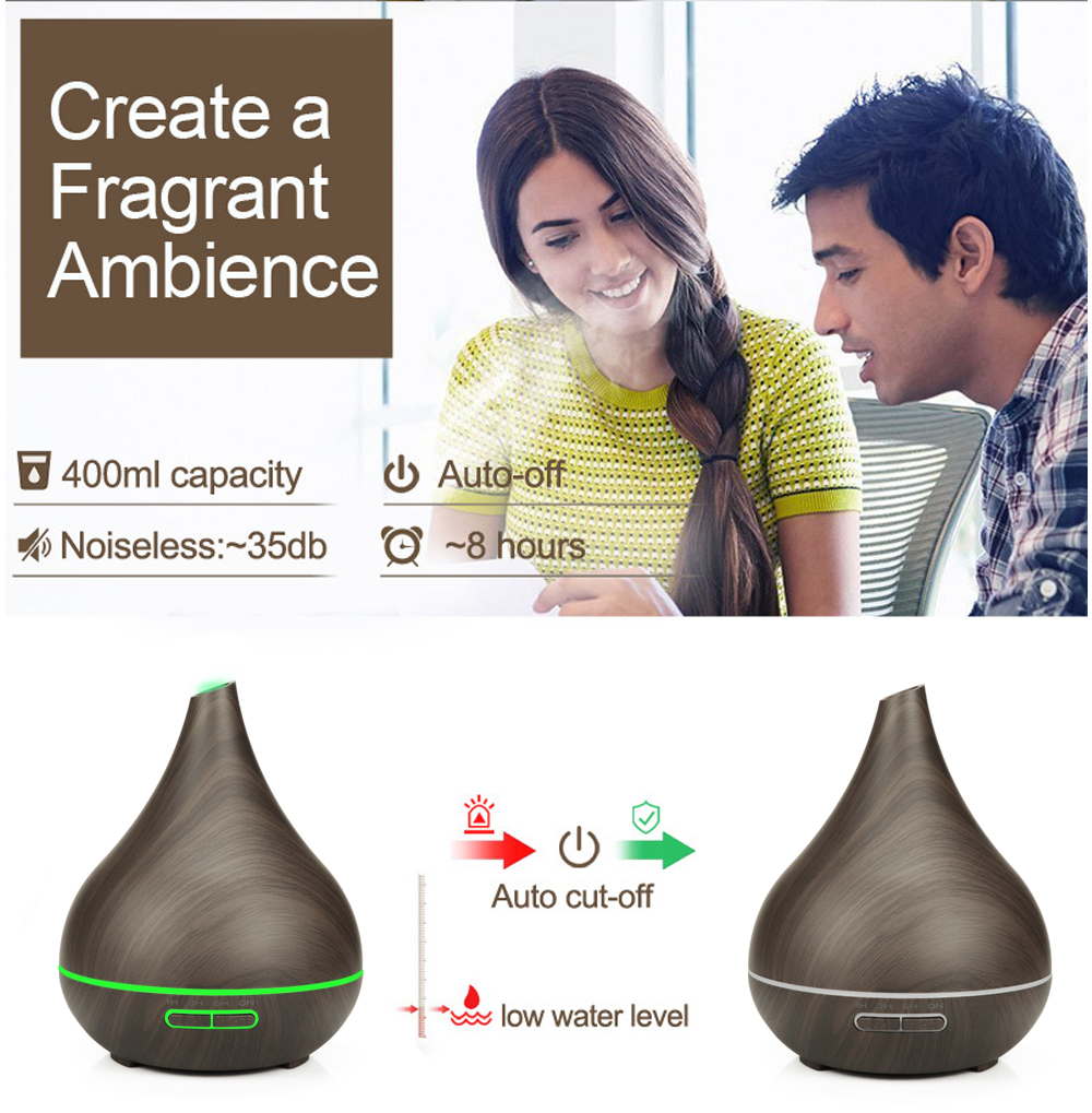 400ml Capacity Mini Aroma Oil Diffuser Wooden Aromatherapy Machine Quiet Remote Control Aroma Diffuser with LED Light