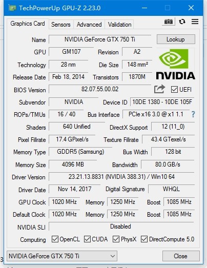Gaming GPU Graphic Card GTX 750TI 4GB 1710 Mhz Core Clock VGA DVI HD