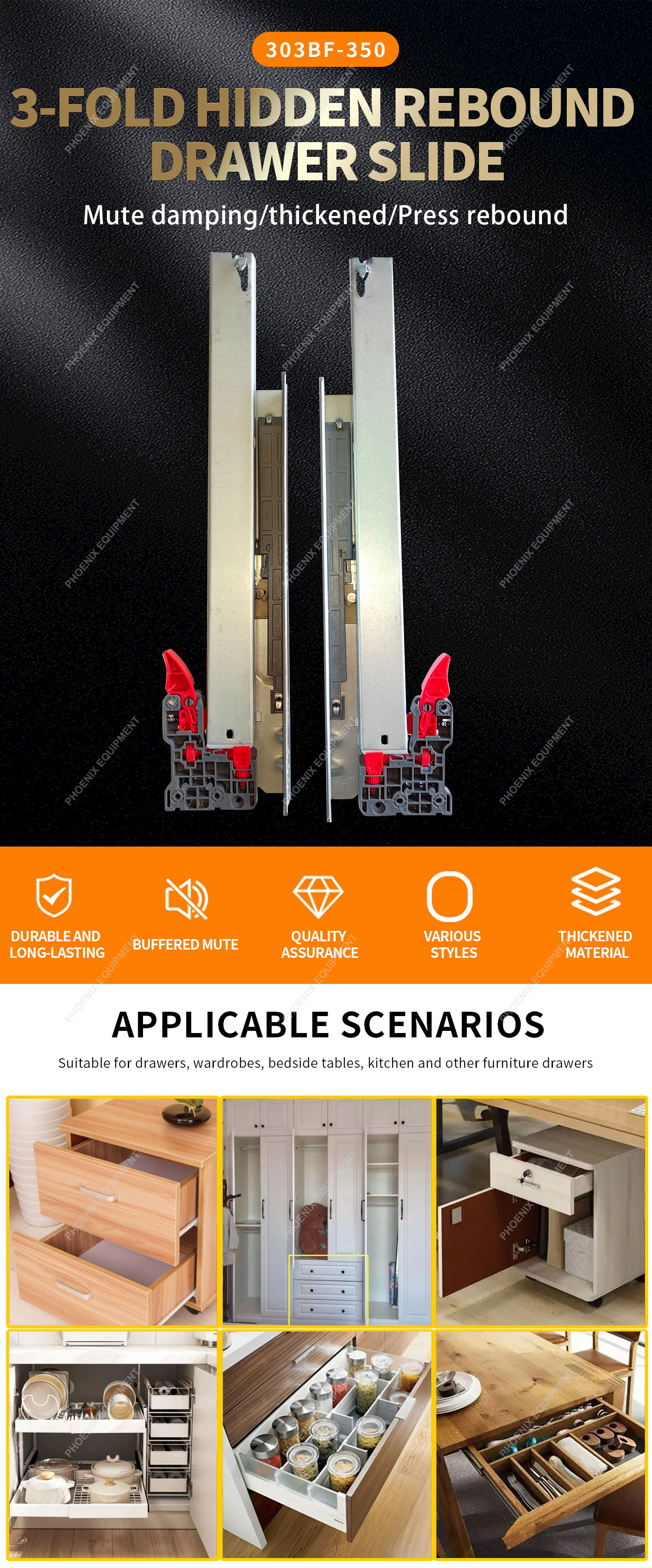 Furniture Drawers 303BF-350 Three Section Slide Rails with Damping and Silent Handles